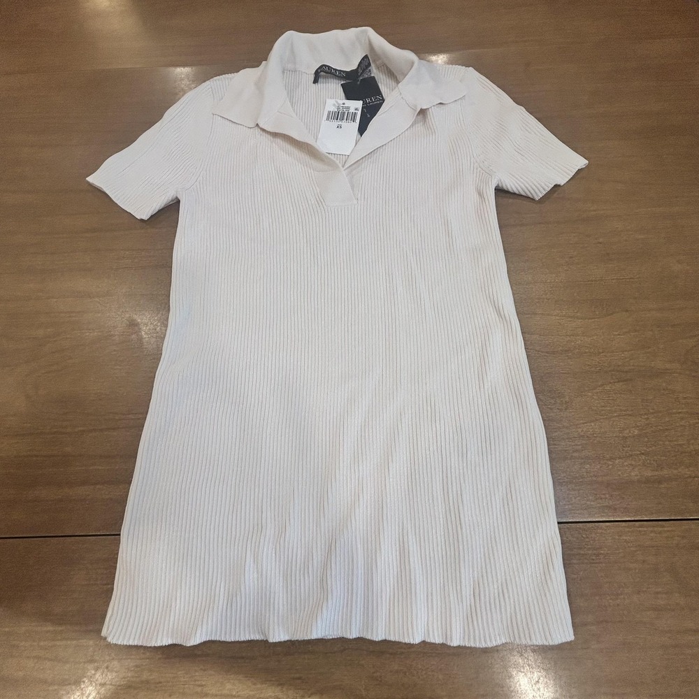 Lauren Ralph Lauren Sweater Dress Womens XS Cream Ribbed Polo Short Sleeve Mini